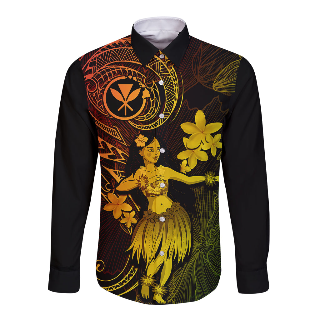 Hawaii Long Sleeve Button Shirt Hula Girl Mix Polynesian Plumeria Reggae Version LT14 Unisex Reggae - Polynesian Pride