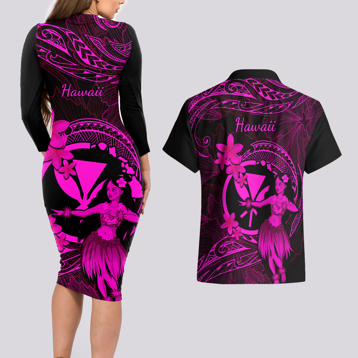 Hawaii Couples Matching Long Sleeve Bodycon Dress and Hawaiian Shirt Hula Girl Mix Polynesian Plumeria Pink Version LT14 - Polynesian Pride