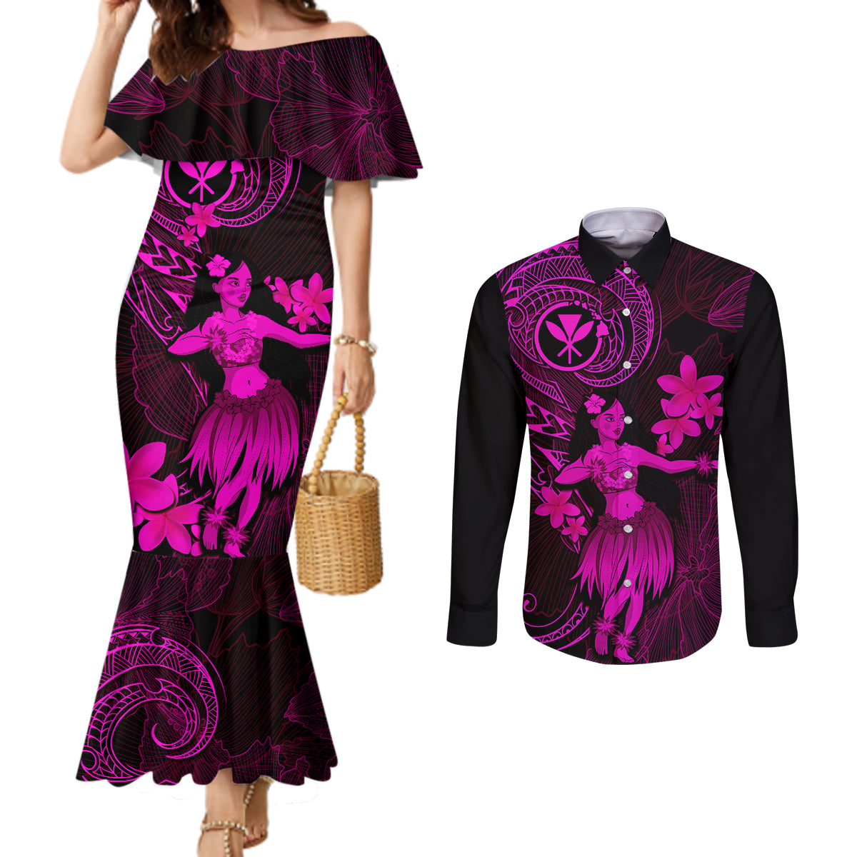 Hawaii Couples Matching Mermaid Dress and Long Sleeve Button Shirts Hula Girl Mix Polynesian Plumeria Pink Version LT14 Pink - Polynesian Pride