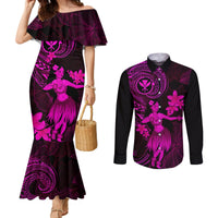 Hawaii Couples Matching Mermaid Dress and Long Sleeve Button Shirts Hula Girl Mix Polynesian Plumeria Pink Version LT14 Pink - Polynesian Pride