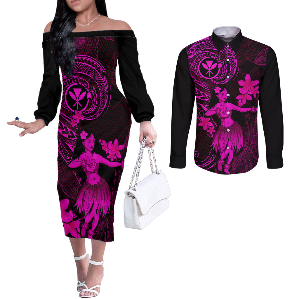Hawaii Couples Matching Off The Shoulder Long Sleeve Dress and Long Sleeve Button Shirts Hula Girl Mix Polynesian Plumeria Pink Version LT14 Pink - Polynesian Pride