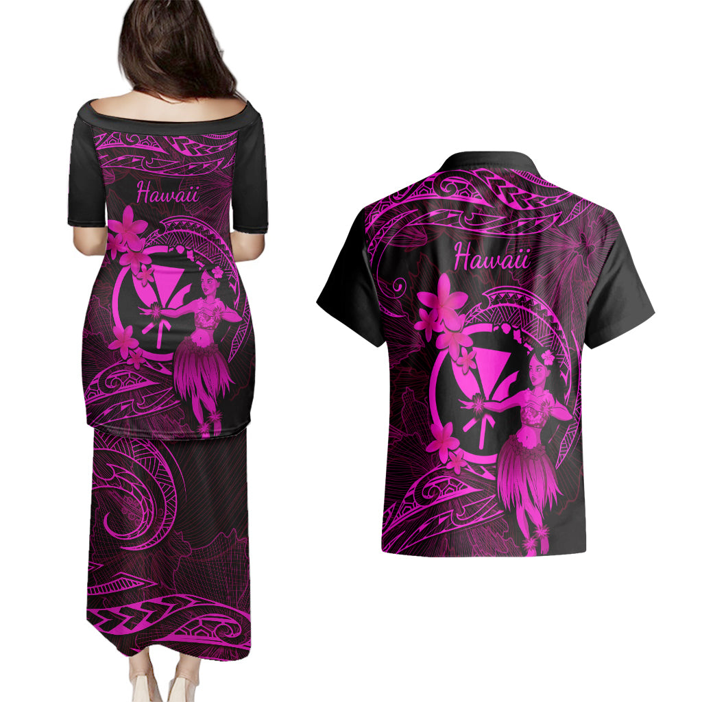 Hawaii Couples Matching Puletasi Dress and Hawaiian Shirt Hula Girl Mix Polynesian Plumeria Pink Version LT14 - Polynesian Pride
