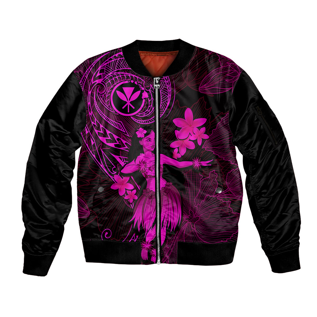 Hawaii Sleeve Zip Bomber Jacket Hula Girl Mix Polynesian Plumeria Pink Version LT14 Unisex Pink - Polynesian Pride