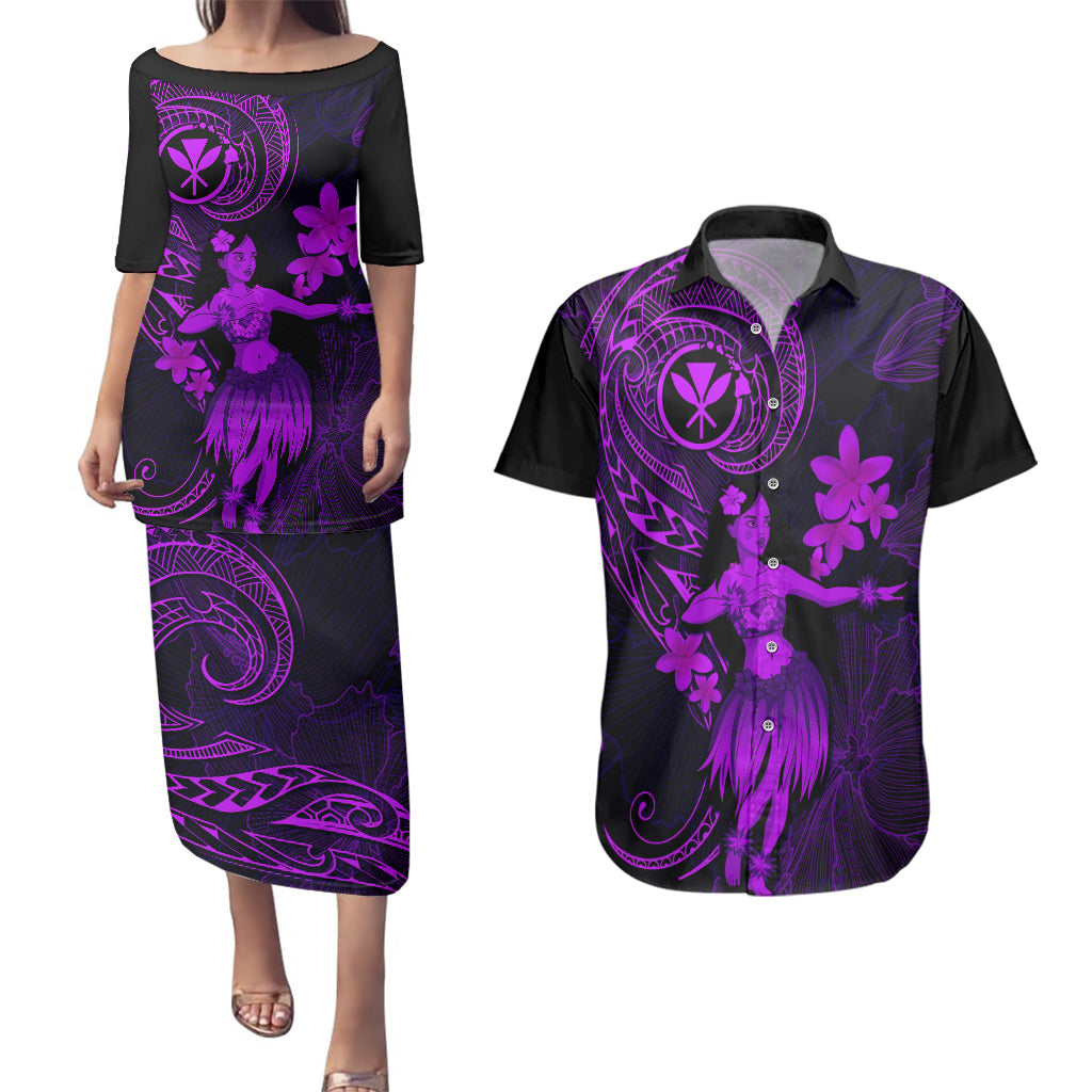Hawaii Couples Matching Puletasi Dress and Hawaiian Shirt Hula Girl Mix Polynesian Plumeria Purple Version LT14 Purple - Polynesian Pride