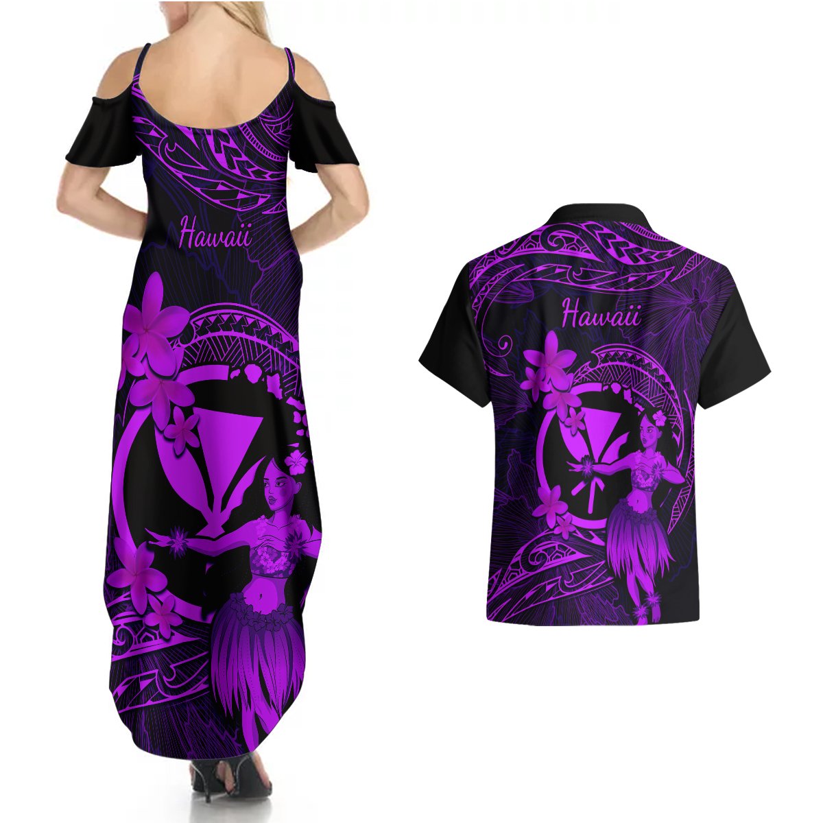 Hawaii Couples Matching Summer Maxi Dress and Hawaiian Shirt Hula Girl Mix Polynesian Plumeria Purple Version LT14 - Polynesian Pride