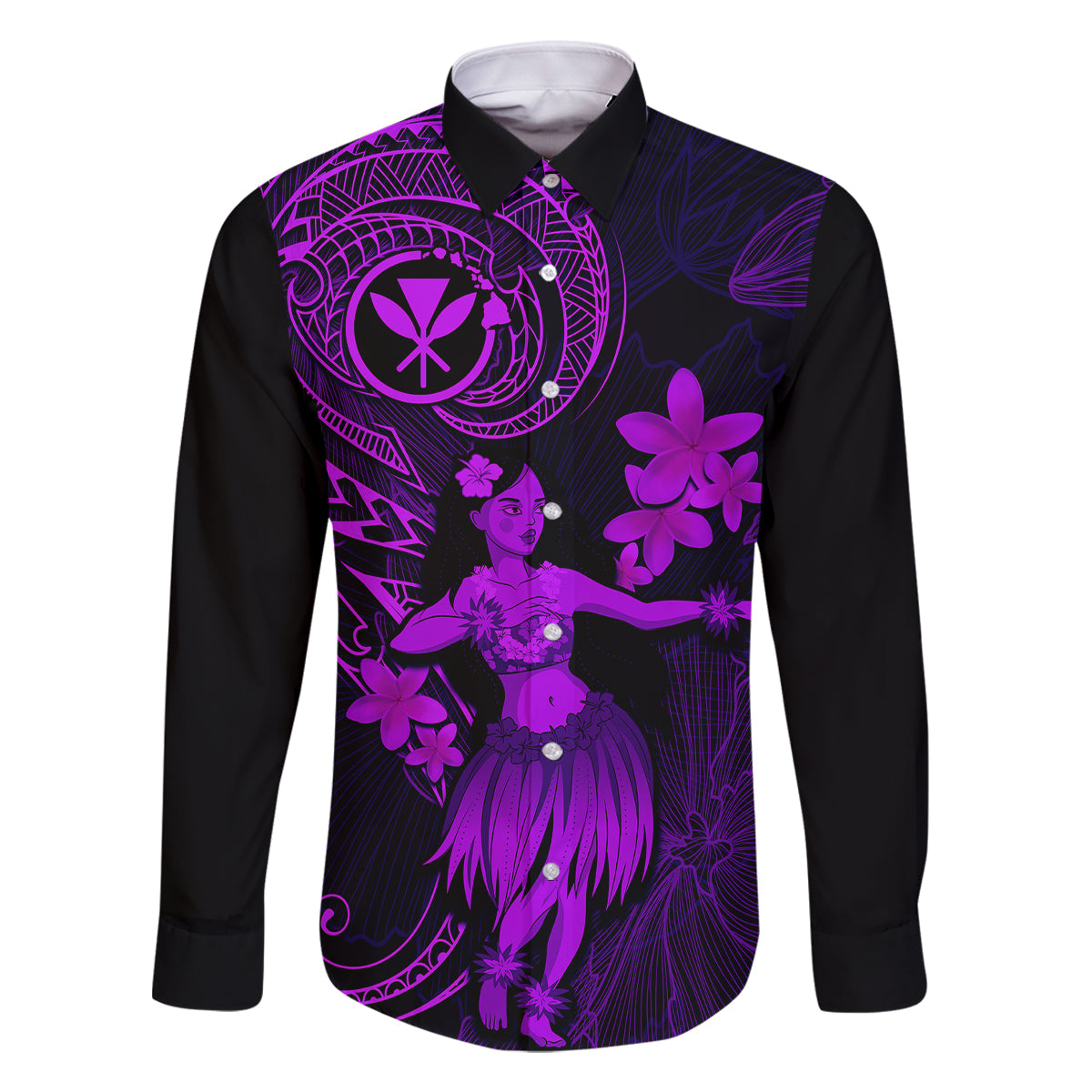 Hawaii Family Matching Mermaid Dress and Hawaiian Shirt Hula Girl Mix Polynesian Plumeria Purple Version LT14 Dad's Shirt - Long Sleeve Purple - Polynesian Pride