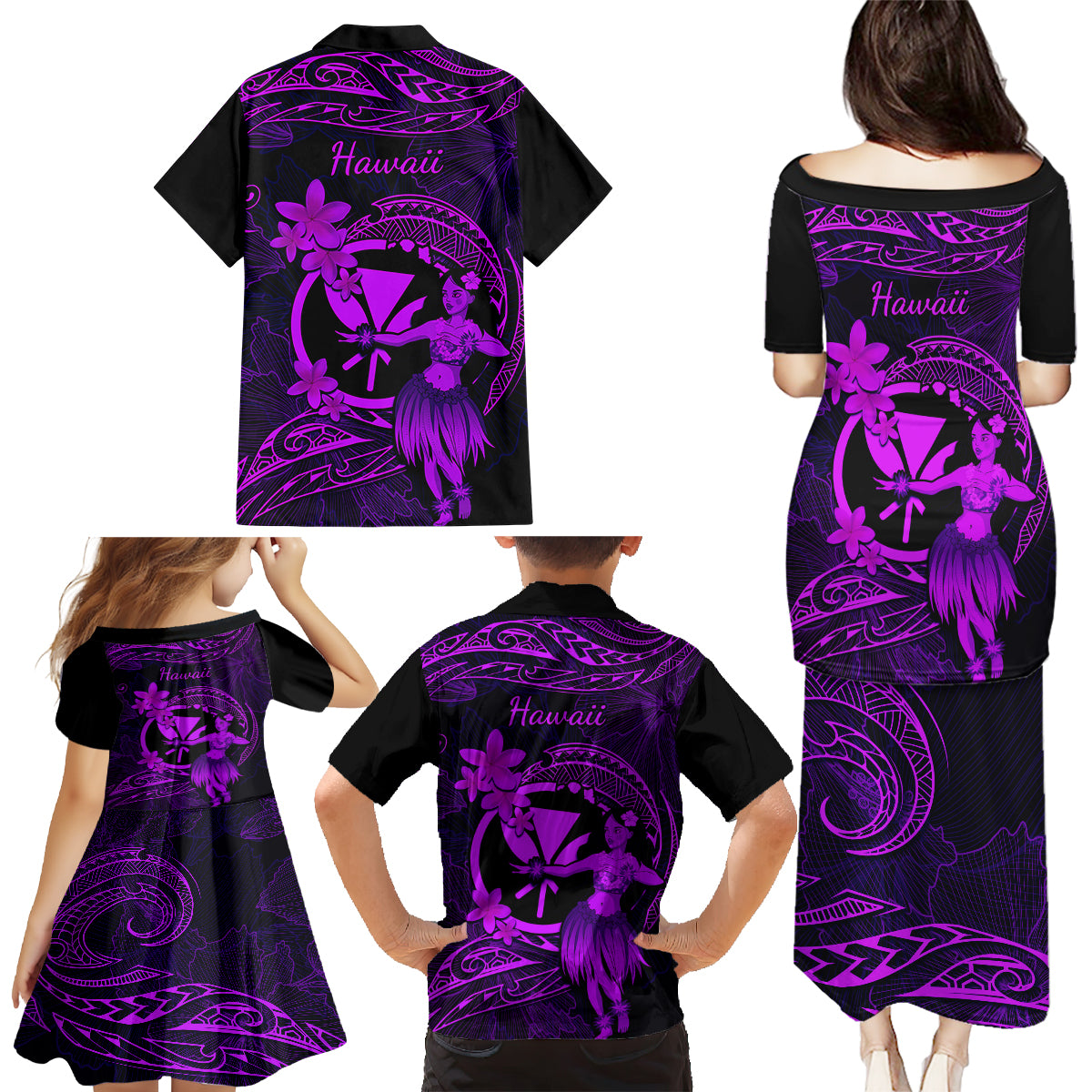 Hawaii Family Matching Puletasi Dress and Hawaiian Shirt Hula Girl Mix Polynesian Plumeria Purple Version LT14 - Polynesian Pride