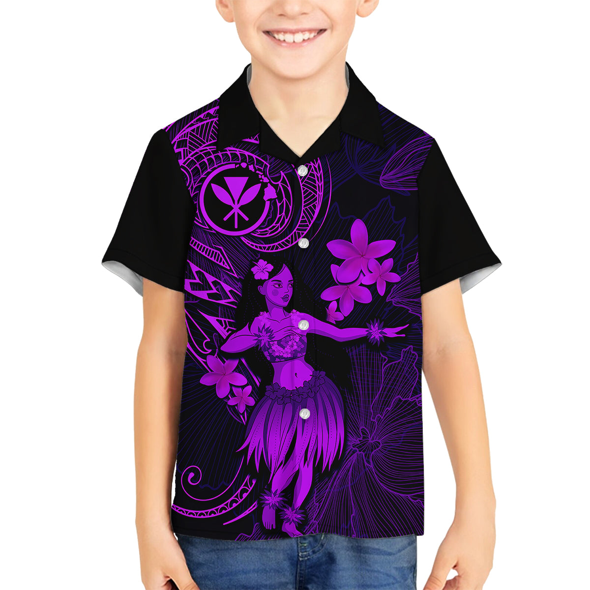 Hawaii Family Matching Puletasi Dress and Hawaiian Shirt Hula Girl Mix Polynesian Plumeria Purple Version LT14 Son's Shirt Purple - Polynesian Pride