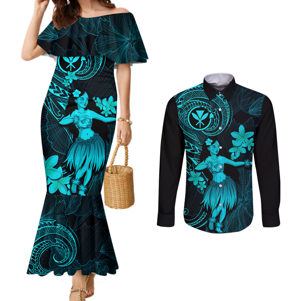 Hawaii Couples Matching Mermaid Dress and Long Sleeve Button Shirts Hula Girl Mix Polynesian Plumeria Turquoise Version LT14 Turquoise - Polynesian Pride