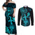 Hawaii Couples Matching Off Shoulder Maxi Dress and Long Sleeve Button Shirts Hula Girl Mix Polynesian Plumeria Turquoise Version LT14 Turquoise - Polynesian Pride