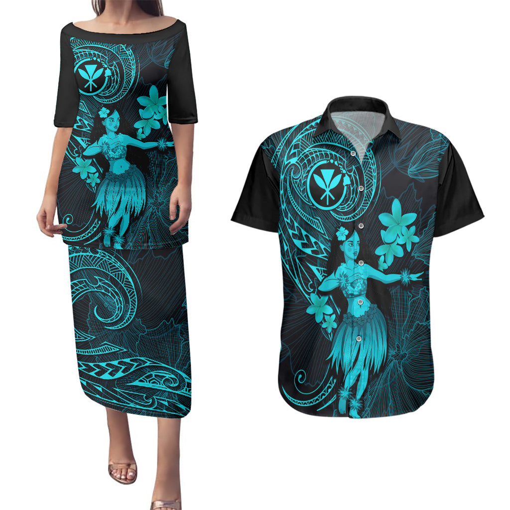 Hawaii Couples Matching Puletasi Dress and Hawaiian Shirt Hula Girl Mix Polynesian Plumeria Turquoise Version LT14 Turquoise - Polynesian Pride