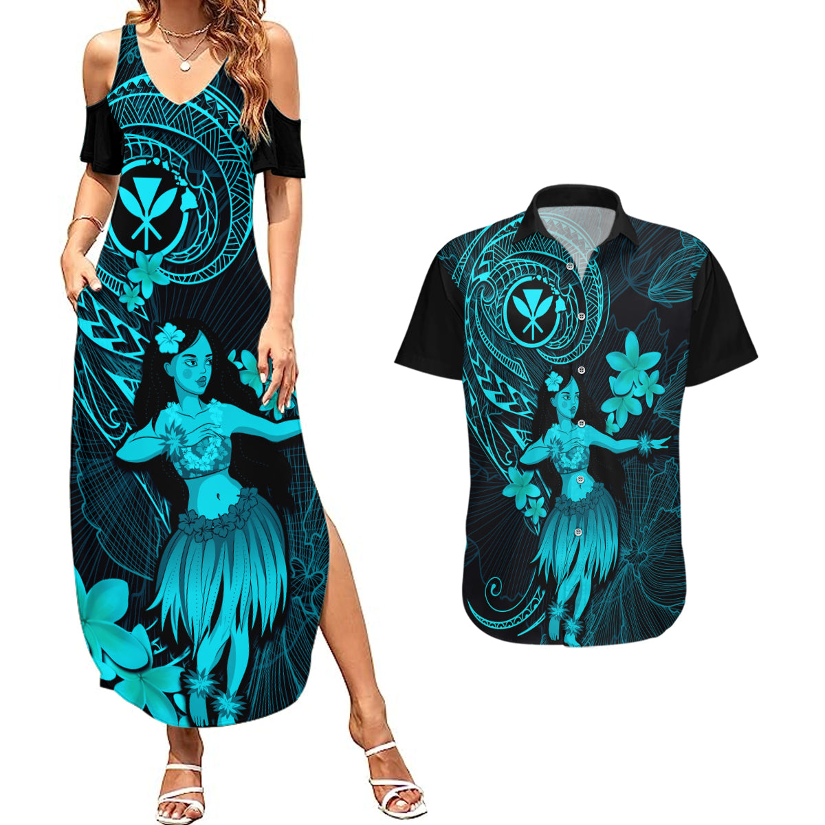 Hawaii Couples Matching Summer Maxi Dress and Hawaiian Shirt Hula Girl Mix Polynesian Plumeria Turquoise Version LT14 Turquoise - Polynesian Pride