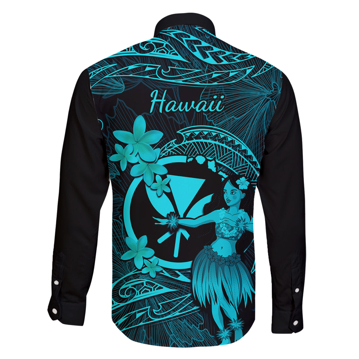 Hawaii Family Matching Off Shoulder Long Sleeve Dress and Hawaiian Shirt Hula Girl Mix Polynesian Plumeria Turquoise Version LT14 - Polynesian Pride