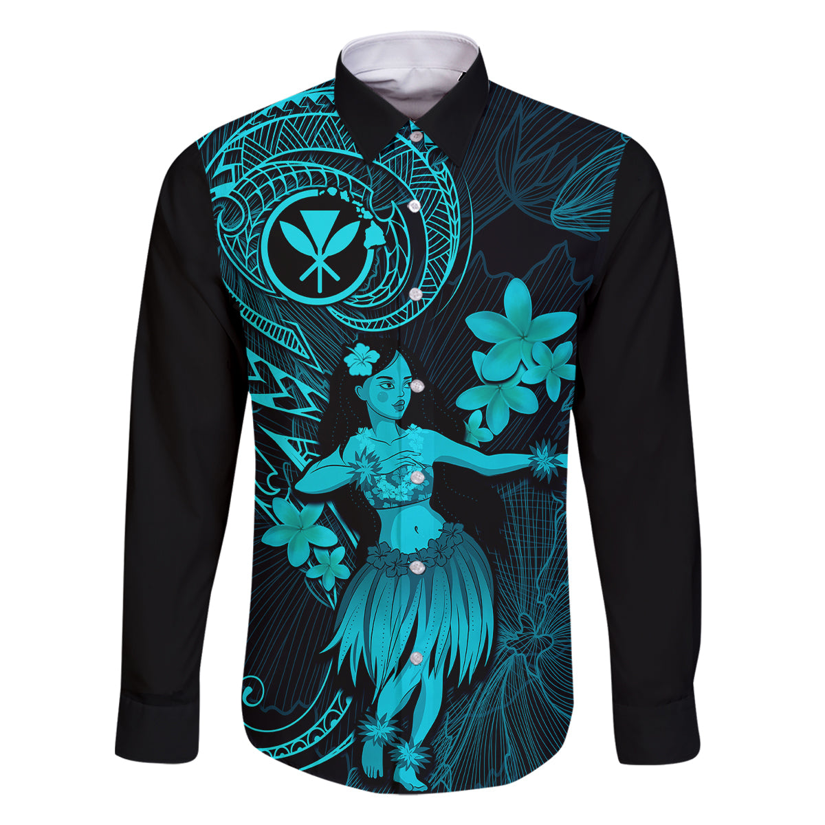 Hawaii Family Matching Tank Maxi Dress and Hawaiian Shirt Hula Girl Mix Polynesian Plumeria Turquoise Version LT14 Dad's Shirt - Long Sleeve Turquoise - Polynesian Pride