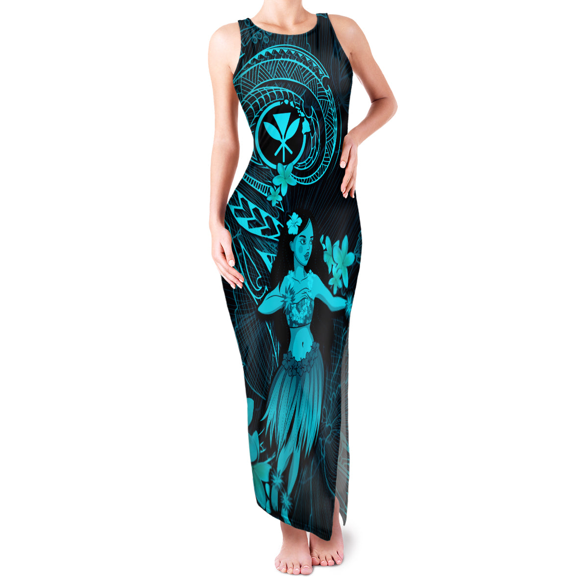 Hawaii Family Matching Tank Maxi Dress and Hawaiian Shirt Hula Girl Mix Polynesian Plumeria Turquoise Version LT14 Mom's Dress Turquoise - Polynesian Pride