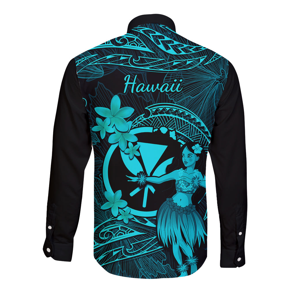 Hawaii Long Sleeve Button Shirt Hula Girl Mix Polynesian Plumeria Turquoise Version LT14 - Polynesian Pride