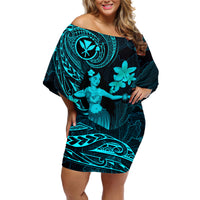 Hawaii Off Shoulder Short Dress Hula Girl Mix Polynesian Plumeria Turquoise Version LT14 Women Turquoise - Polynesian Pride