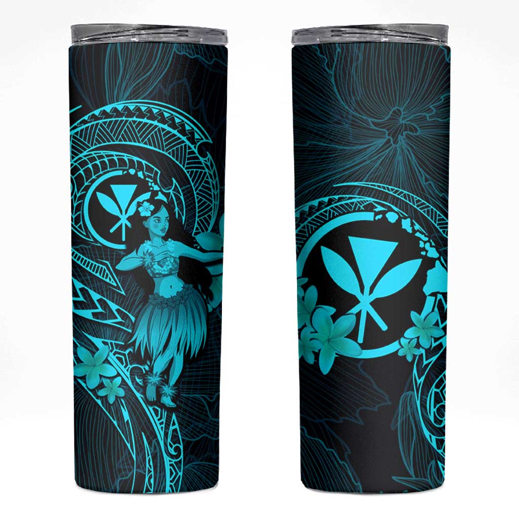 Hawaii Skinny Tumbler Hula Girl Mix Polynesian Plumeria Turquoise Version