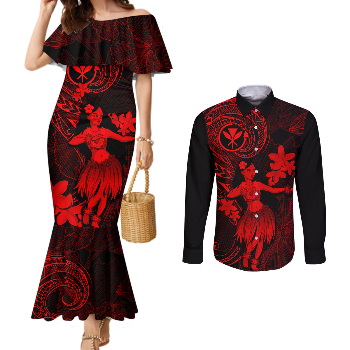 Hawaii Couples Matching Mermaid Dress and Long Sleeve Button Shirts Hula Girl Mix Polynesian Plumeria Red Version LT14 Red - Polynesian Pride