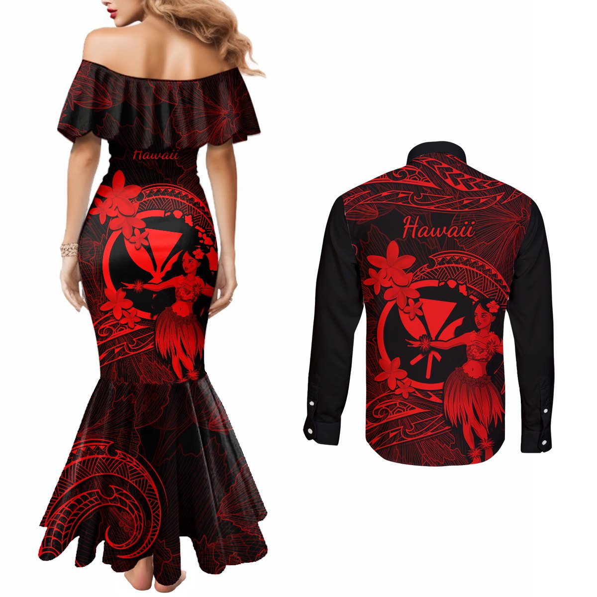 Hawaii Couples Matching Mermaid Dress and Long Sleeve Button Shirts Hula Girl Mix Polynesian Plumeria Red Version LT14 - Polynesian Pride