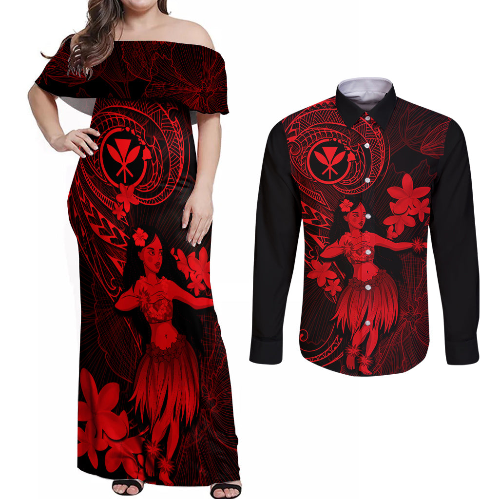 Hawaii Couples Matching Off Shoulder Maxi Dress and Long Sleeve Button Shirts Hula Girl Mix Polynesian Plumeria Red Version LT14 Red - Polynesian Pride