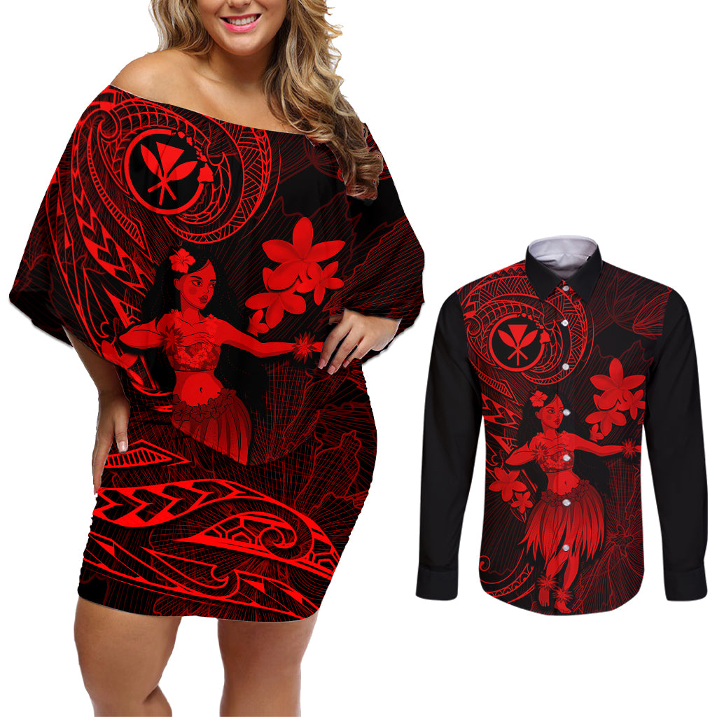 Hawaii Couples Matching Off Shoulder Short Dress and Long Sleeve Button Shirts Hula Girl Mix Polynesian Plumeria Red Version LT14 Red - Polynesian Pride