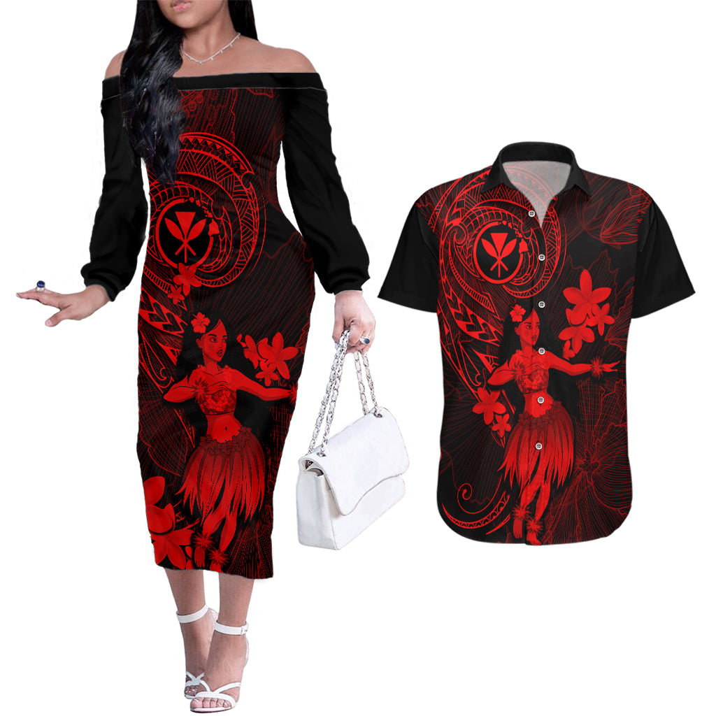 Hawaii Couples Matching Off The Shoulder Long Sleeve Dress and Hawaiian Shirt Hula Girl Mix Polynesian Plumeria Red Version LT14 Red - Polynesian Pride