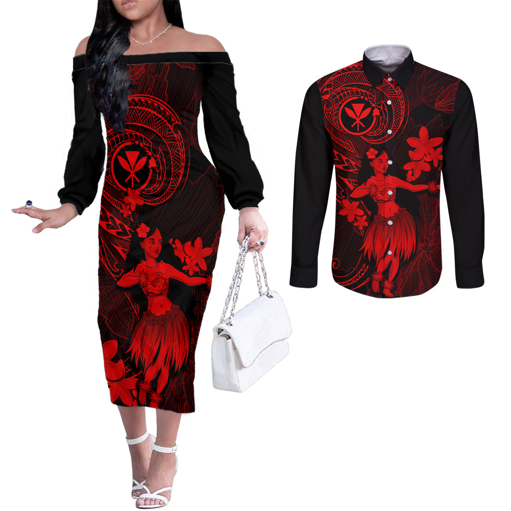 Hawaii Couples Matching Off The Shoulder Long Sleeve Dress and Long Sleeve Button Shirts Hula Girl Mix Polynesian Plumeria Red Version LT14 Red - Polynesian Pride