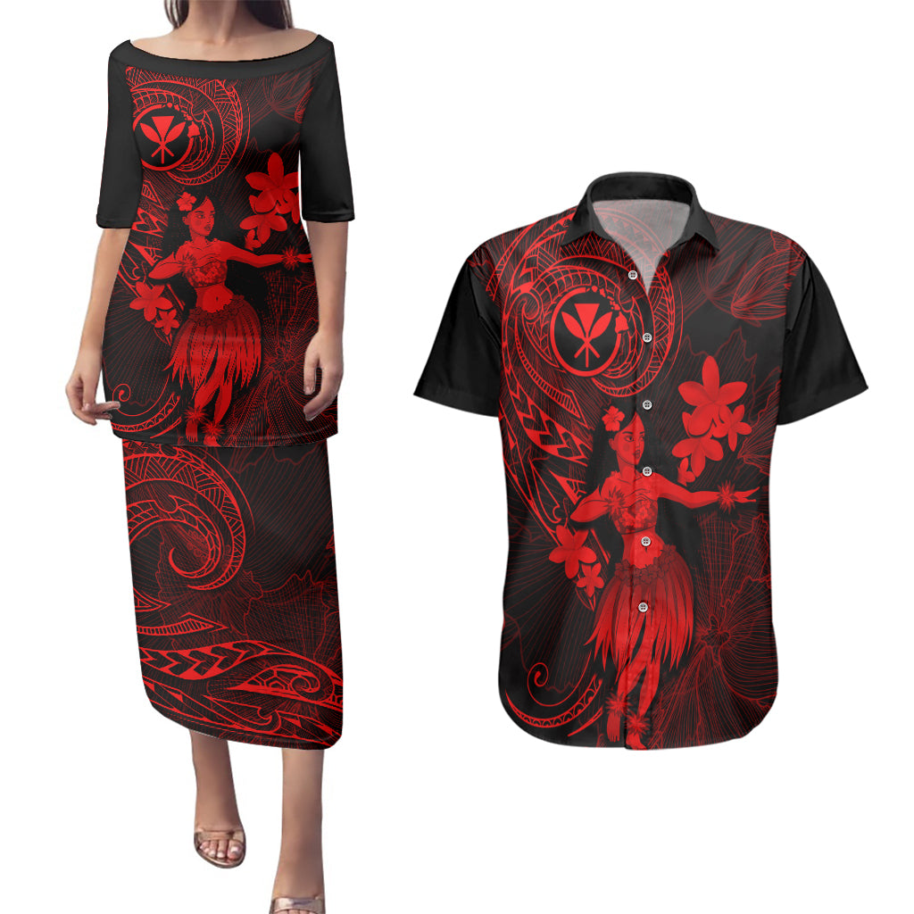 Hawaii Couples Matching Puletasi Dress and Hawaiian Shirt Hula Girl Mix Polynesian Plumeria Red Version LT14 Red - Polynesian Pride