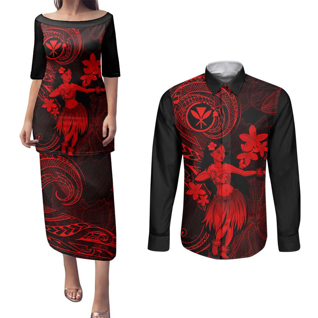Hawaii Couples Matching Puletasi Dress and Long Sleeve Button Shirts Hula Girl Mix Polynesian Plumeria Red Version LT14 Red - Polynesian Pride