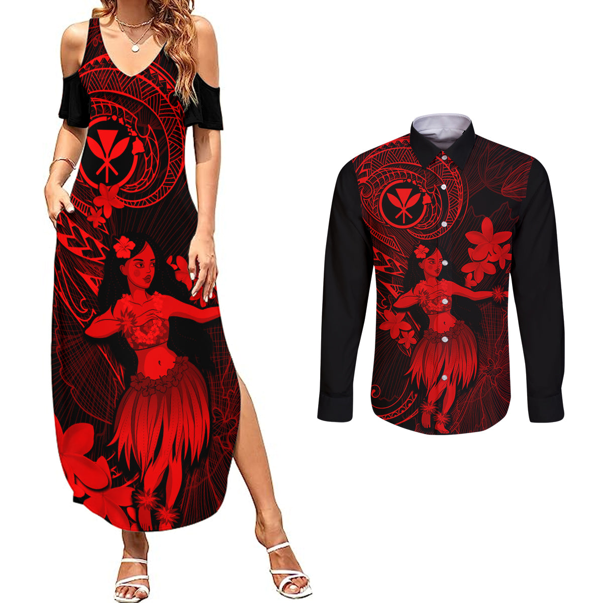 Hawaii Couples Matching Summer Maxi Dress and Long Sleeve Button Shirts Hula Girl Mix Polynesian Plumeria Red Version LT14 Red - Polynesian Pride