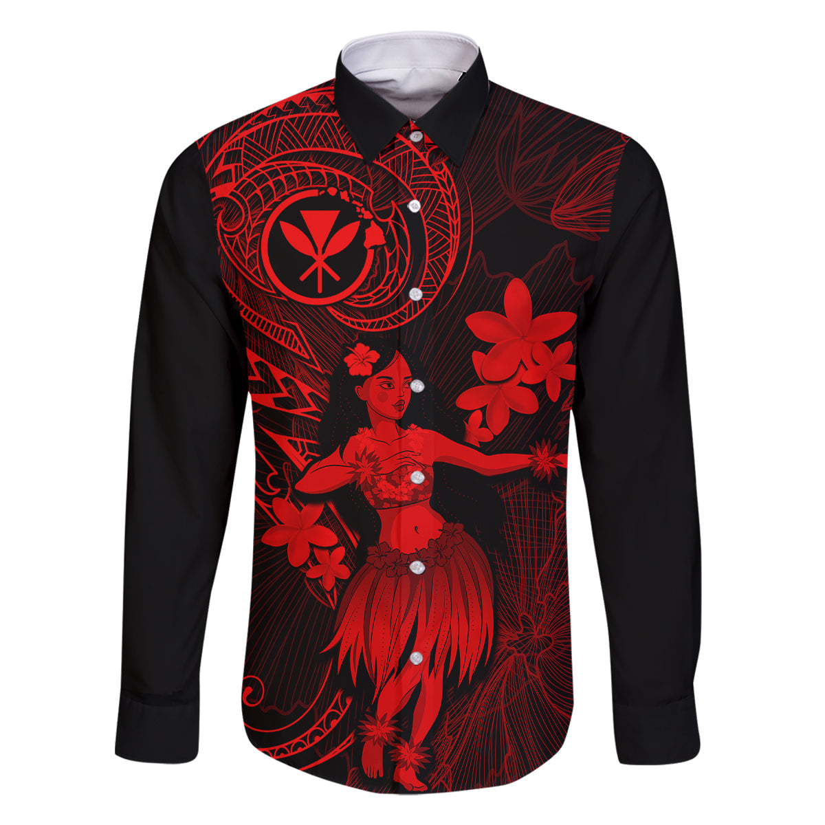 Hawaii Family Matching Mermaid Dress and Hawaiian Shirt Hula Girl Mix Polynesian Plumeria Red Version LT14 Dad's Shirt - Long Sleeve Red - Polynesian Pride