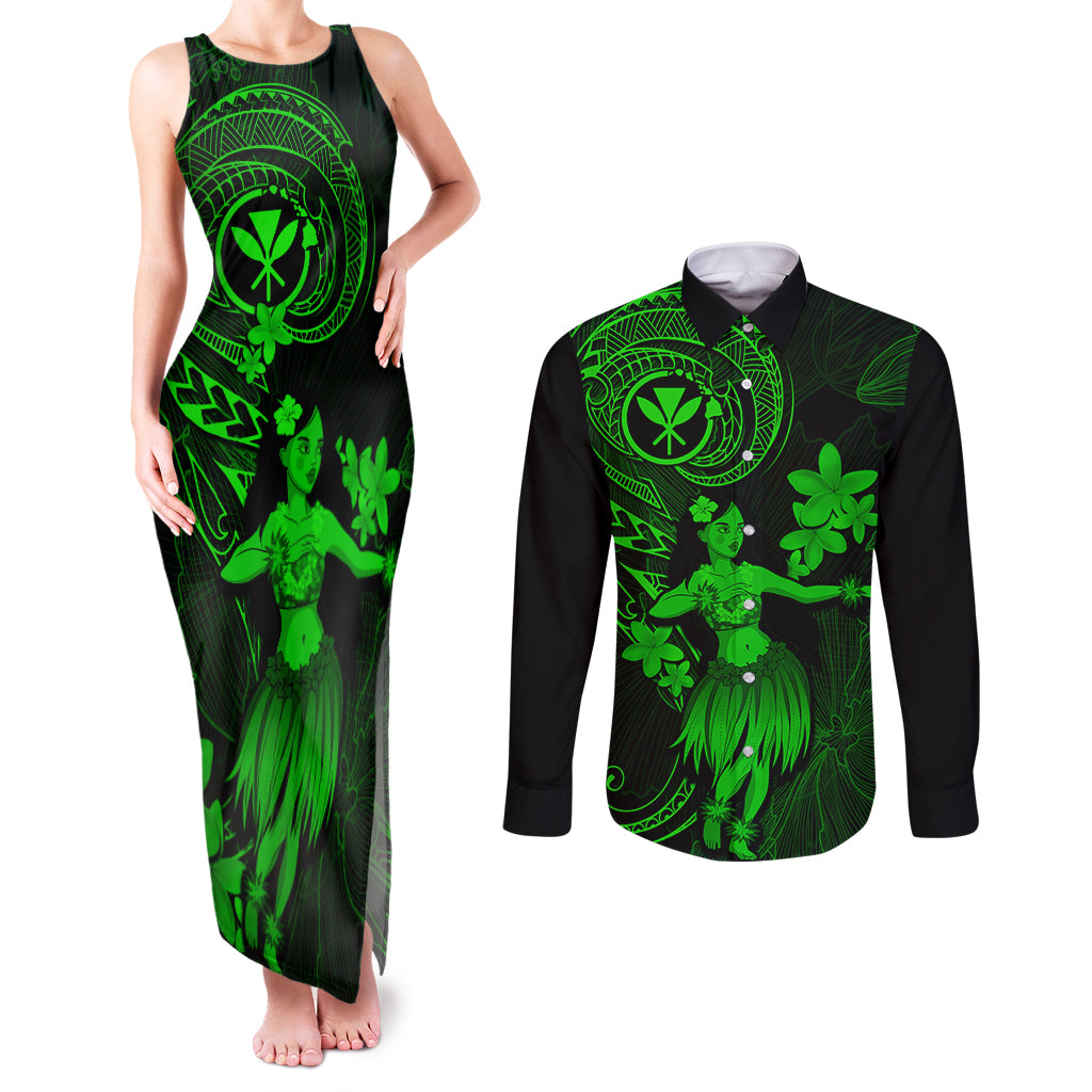Hawaii Couples Matching Tank Maxi Dress and Long Sleeve Button Shirts Hula Girl Mix Polynesian Plumeria Green Version LT14 Green - Polynesian Pride