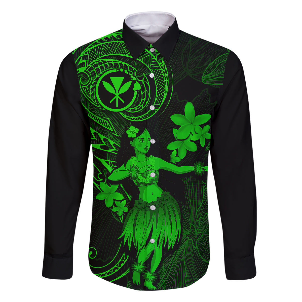 Hawaii Family Matching Off Shoulder Maxi Dress and Hawaiian Shirt Hula Girl Mix Polynesian Plumeria Green Version LT14 Dad's Shirt - Long Sleeve Green - Polynesian Pride