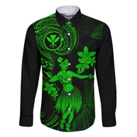 Hawaii Family Matching Off Shoulder Maxi Dress and Hawaiian Shirt Hula Girl Mix Polynesian Plumeria Green Version LT14 Dad's Shirt - Long Sleeve Green - Polynesian Pride