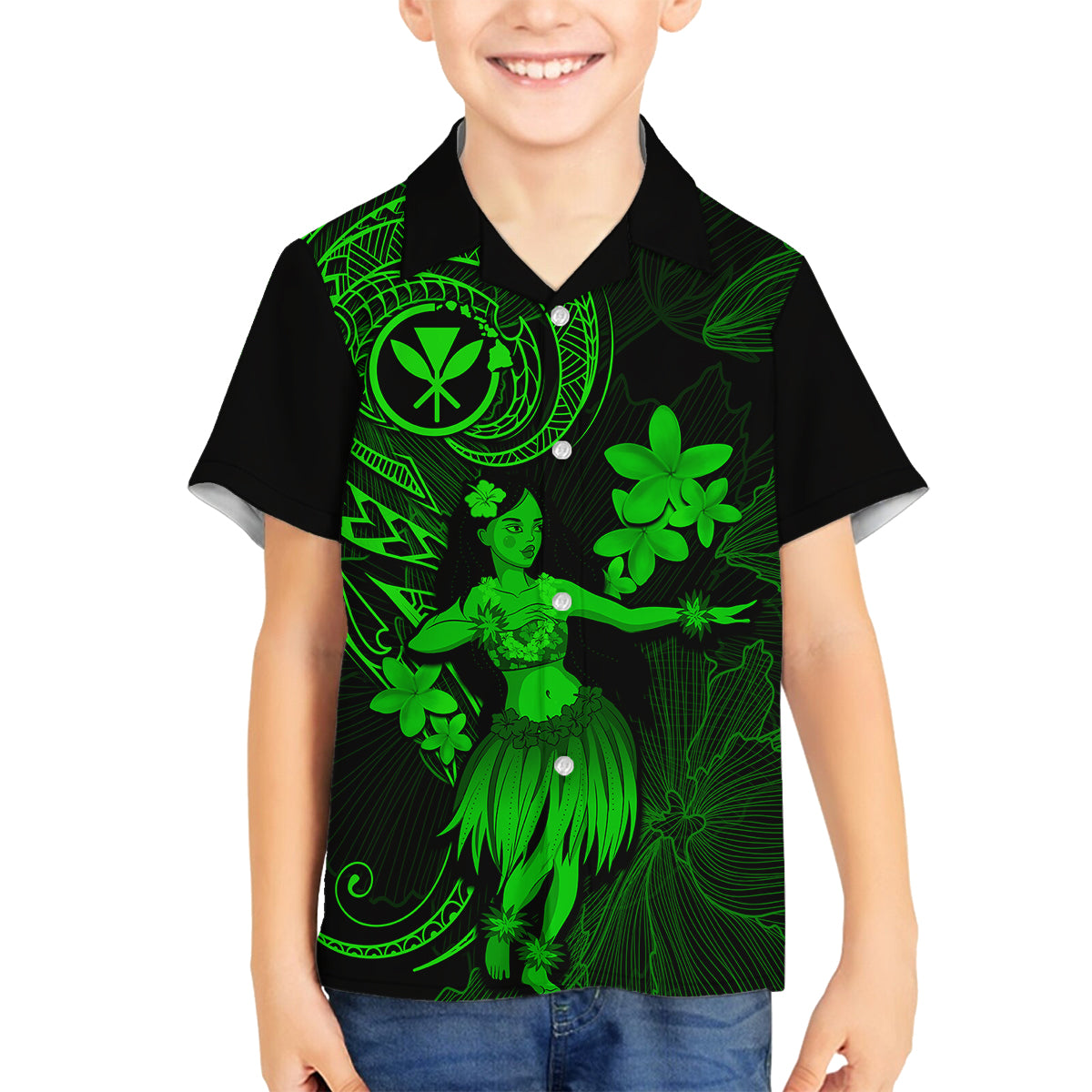 Hawaii Family Matching Off Shoulder Maxi Dress and Hawaiian Shirt Hula Girl Mix Polynesian Plumeria Green Version LT14 Son's Shirt Green - Polynesian Pride