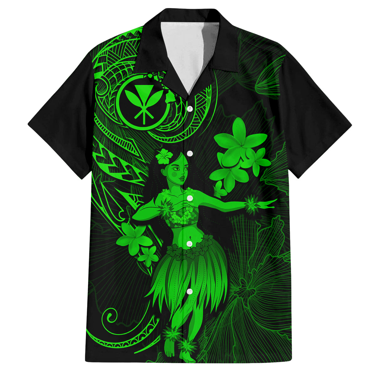 Hawaii Family Matching Summer Maxi Dress and Hawaiian Shirt Hula Girl Mix Polynesian Plumeria Green Version LT14 Dad's Shirt - Short Sleeve Green - Polynesian Pride