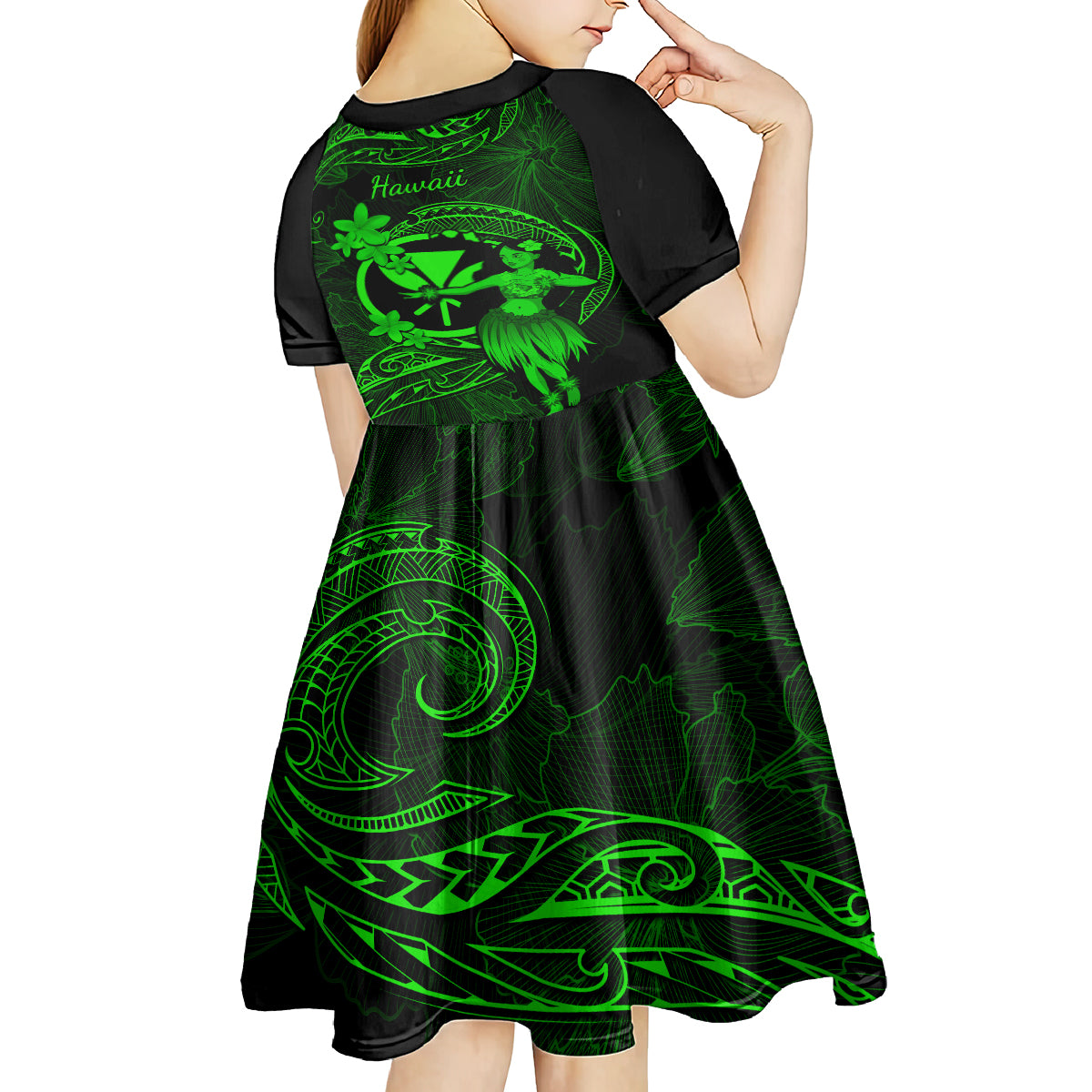 Hawaii Kid Short Sleeve Dress Hula Girl Mix Polynesian Plumeria Green Version LT14 - Polynesian Pride