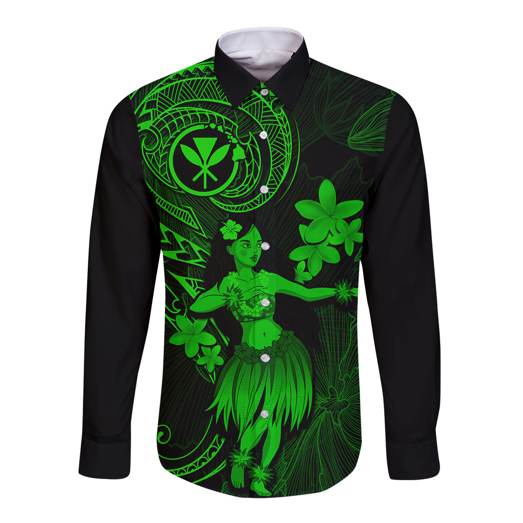Hawaii Long Sleeve Button Shirt Hula Girl Mix Polynesian Plumeria Green Version LT14 Unisex Green - Polynesian Pride
