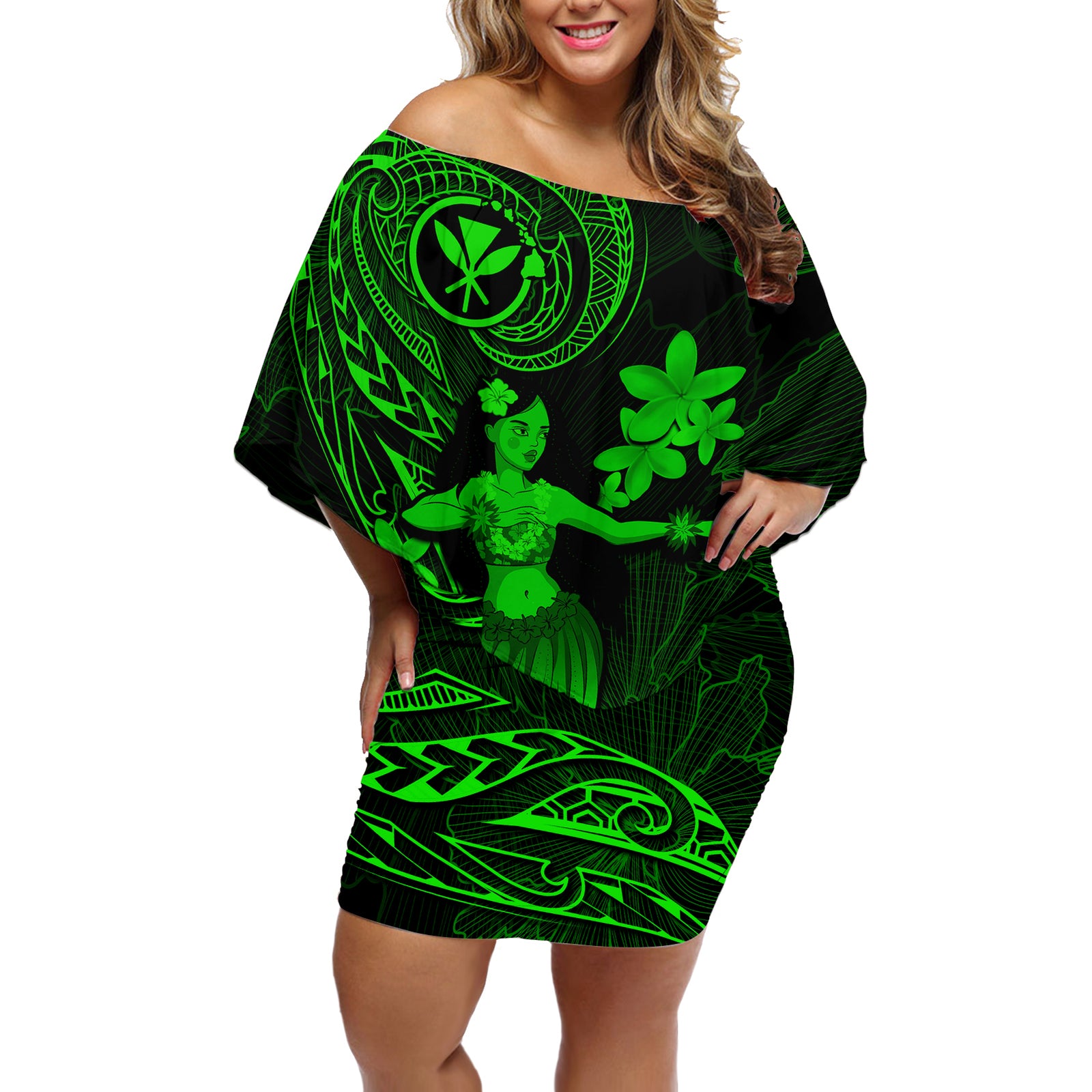 Hawaii Off Shoulder Short Dress Hula Girl Mix Polynesian Plumeria Green Version LT14 Women Green - Polynesian Pride