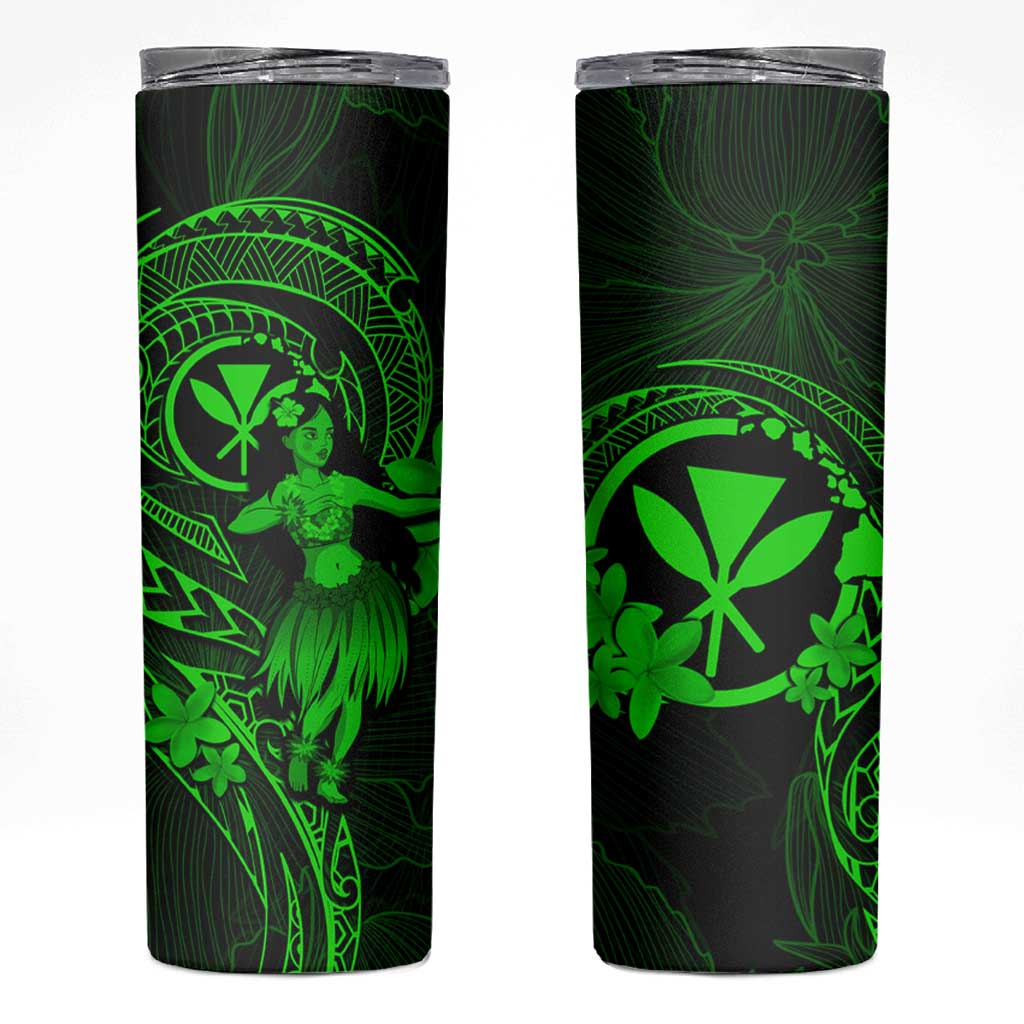 Hawaii Skinny Tumbler Hula Girl Mix Polynesian Plumeria Green Version