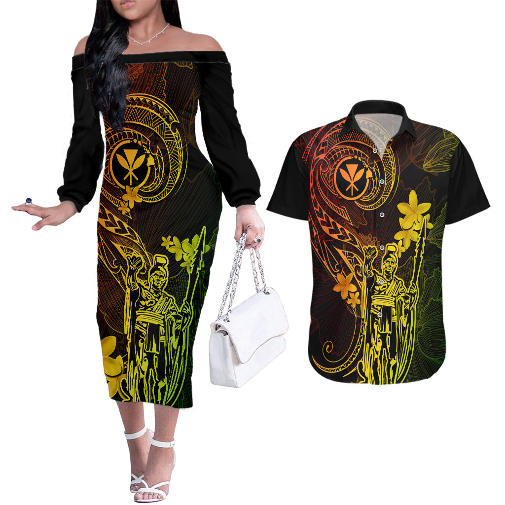 Hawaii Couples Matching Off The Shoulder Long Sleeve Dress and Hawaiian Shirt King Kamehameha Mix Polynesian Plumeria Reggae Version LT14 Reggae - Polynesian Pride