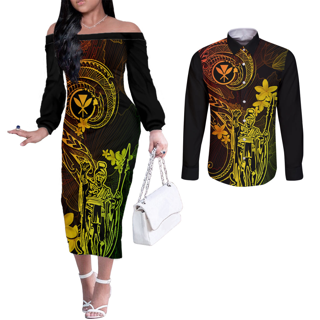 Hawaii Couples Matching Off The Shoulder Long Sleeve Dress and Long Sleeve Button Shirts King Kamehameha Mix Polynesian Plumeria Reggae Version LT14 Reggae - Polynesian Pride