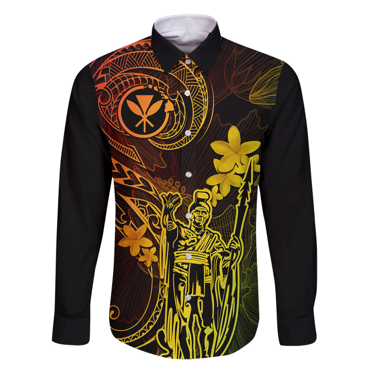 Hawaii Family Matching Tank Maxi Dress and Hawaiian Shirt King Kamehameha Mix Polynesian Plumeria Reggae Version LT14 Dad's Shirt - Long Sleeve Reggae - Polynesian Pride