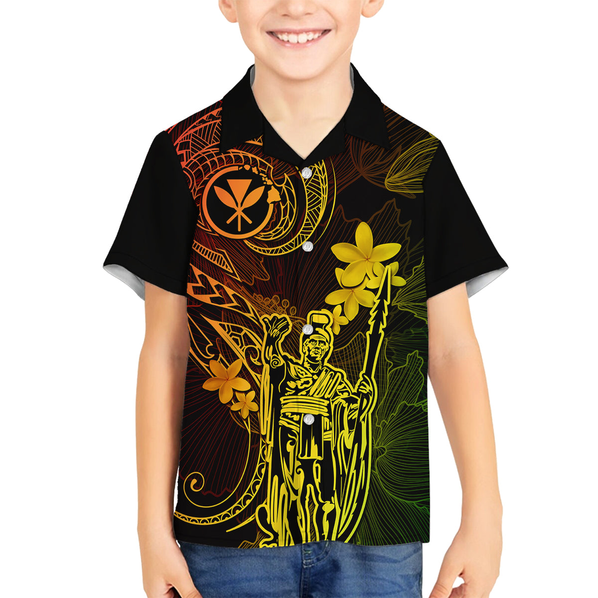 Hawaii Kid Hawaiian Shirt King Kamehameha Mix Polynesian Plumeria Reggae Version LT14 - Polynesian Pride