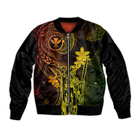 Hawaii Sleeve Zip Bomber Jacket King Kamehameha Mix Polynesian Plumeria Reggae Version LT14 Unisex Reggae - Polynesian Pride