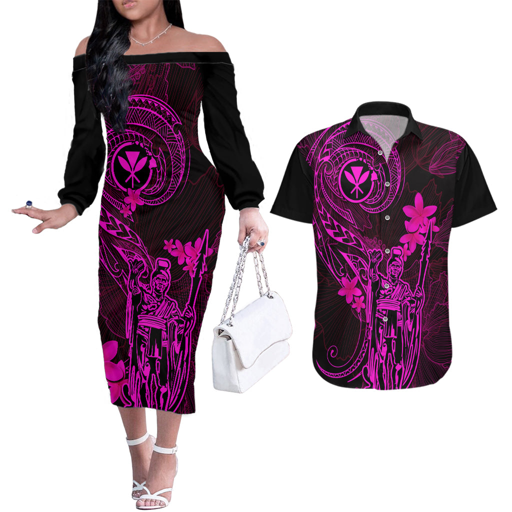 Hawaii Couples Matching Off The Shoulder Long Sleeve Dress and Hawaiian Shirt King Kamehameha Mix Polynesian Plumeria Pink Version LT14 Pink - Polynesian Pride