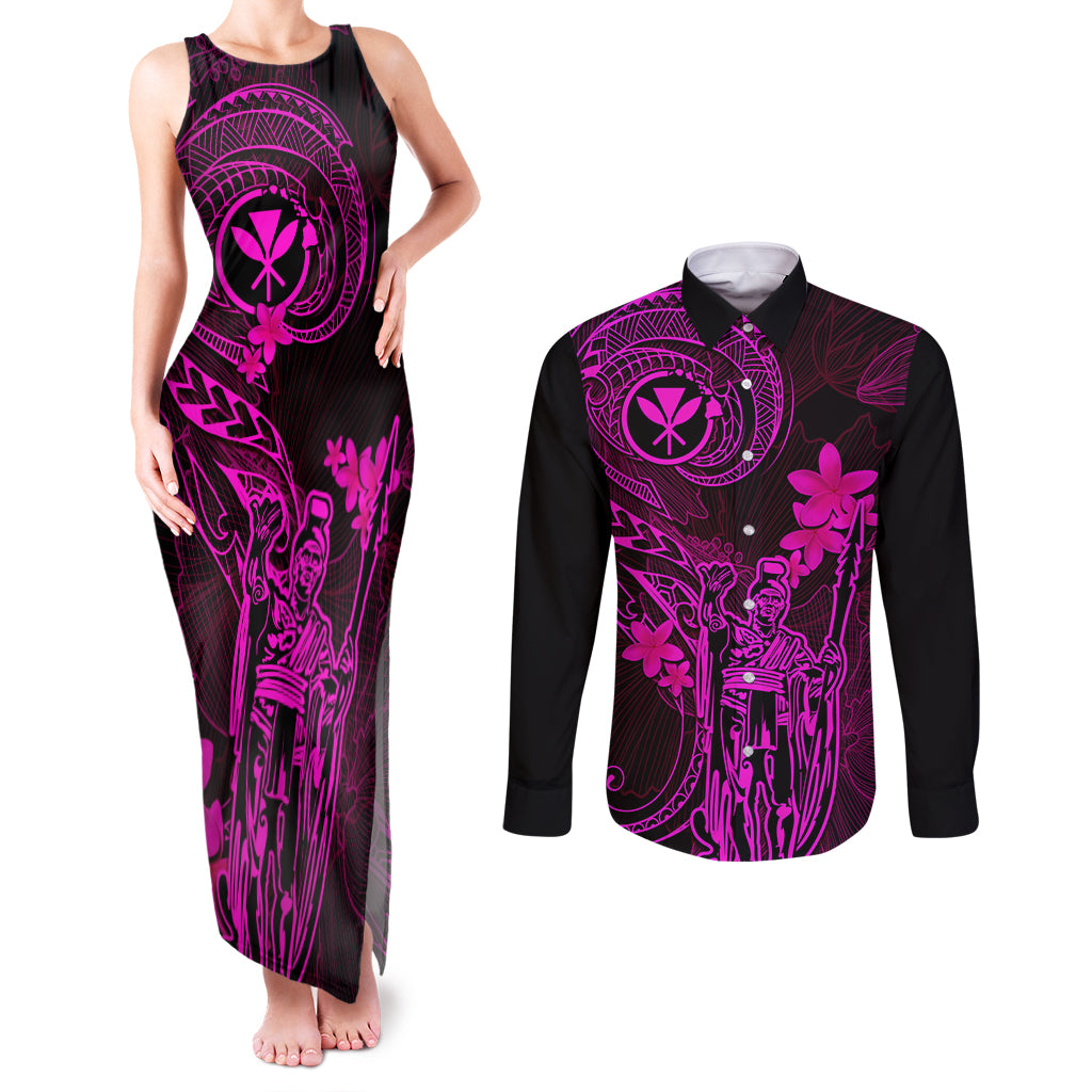 Hawaii Couples Matching Tank Maxi Dress and Long Sleeve Button Shirts King Kamehameha Mix Polynesian Plumeria Pink Version LT14 Pink - Polynesian Pride