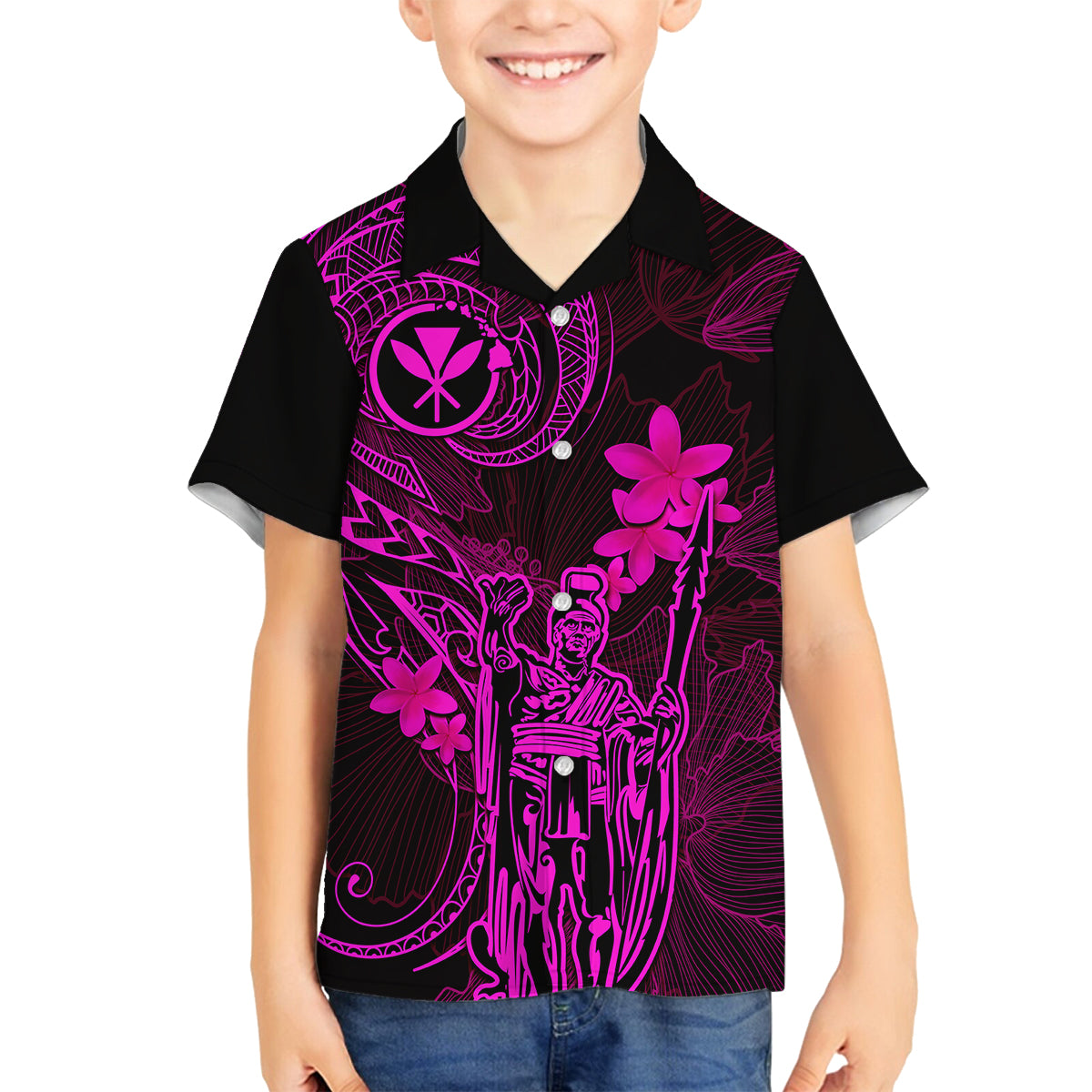Hawaii Family Matching Off Shoulder Maxi Dress and Hawaiian Shirt King Kamehameha Mix Polynesian Plumeria Pink Version LT14 Son's Shirt Pink - Polynesian Pride