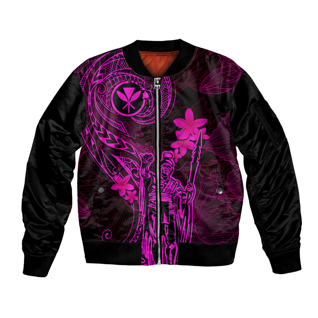 Hawaii Sleeve Zip Bomber Jacket King Kamehameha Mix Polynesian Plumeria Pink Version LT14 Unisex Pink - Polynesian Pride